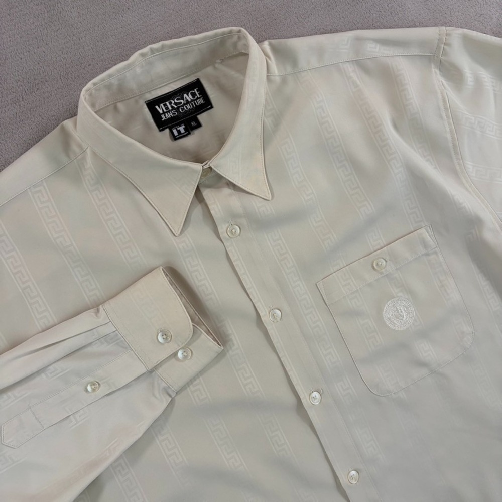 Vintage Versace Couture 80s Jacquard Medusa Logo Shirt in Bone Men XL Italy Made
